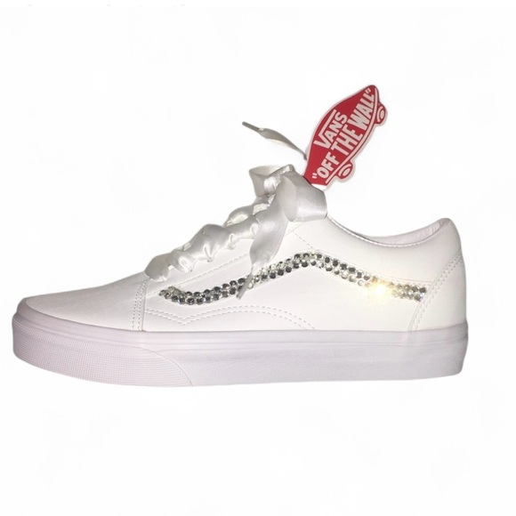 Luxe Crystal Diamond Classic Lace Up Old Skool Vans Hightop All Sizes New - Picture 3 of 9